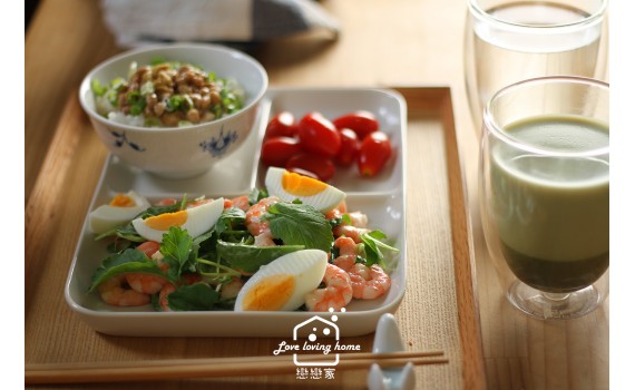 烤蝦仁山葵葉沙拉+納豆飯+抹茶牛奶 / 211餐盤+168輕斷食