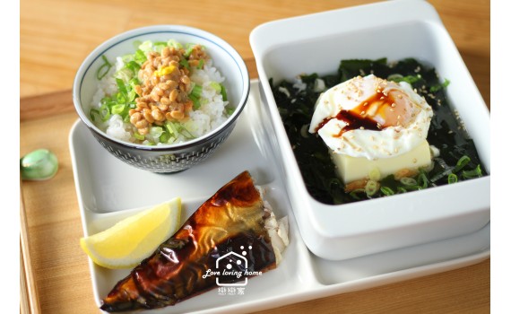水波蛋豆腐海帶湯+納豆蔥花飯+麴花鯖魚 / 211餐盤+168輕斷食